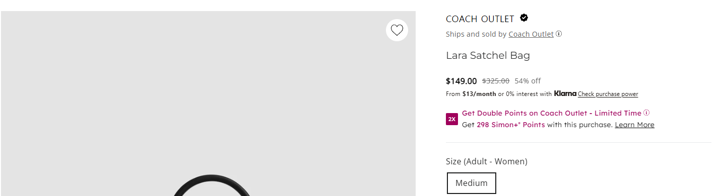쇼핑 시몬 코치 상품 페이지의 Ships and sold by Coach Outlet 정품 판매 표기 캡처